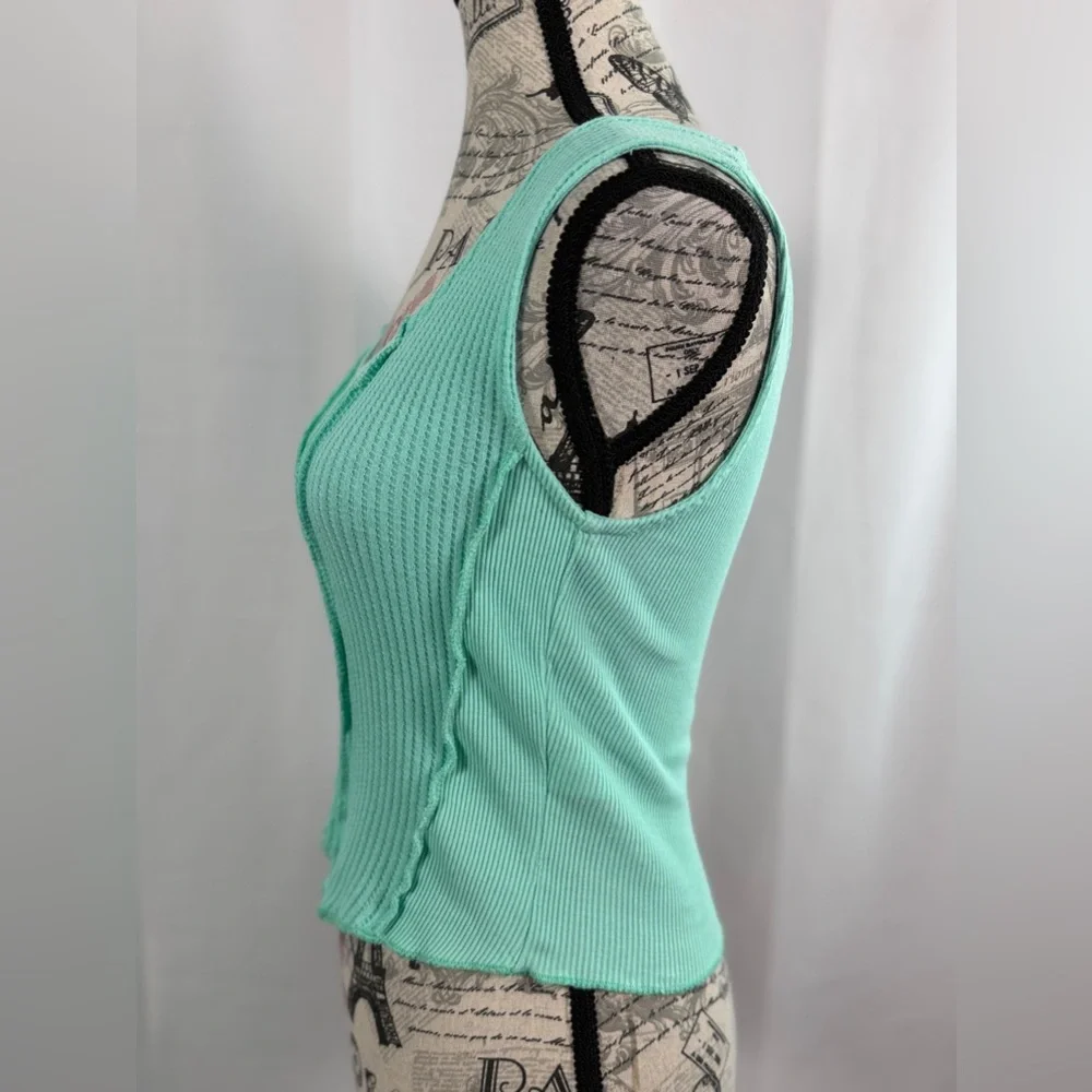 FITZ + EDDI Mint Green Ribbed Cotton Crop Tank Top Size S | Raw Edge Boho